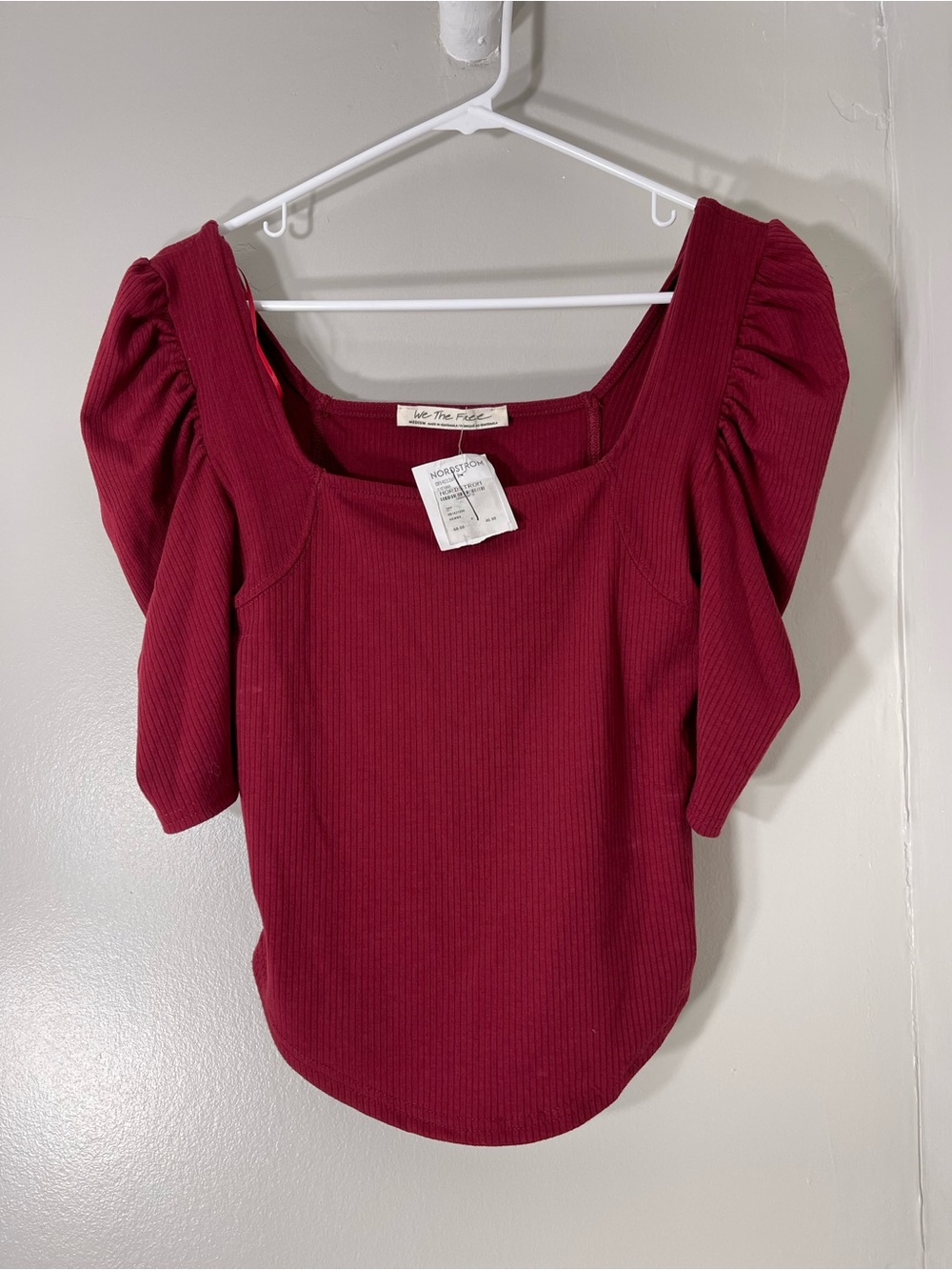 We The Free Deep Red Puff-Sleeve Ribbed Top